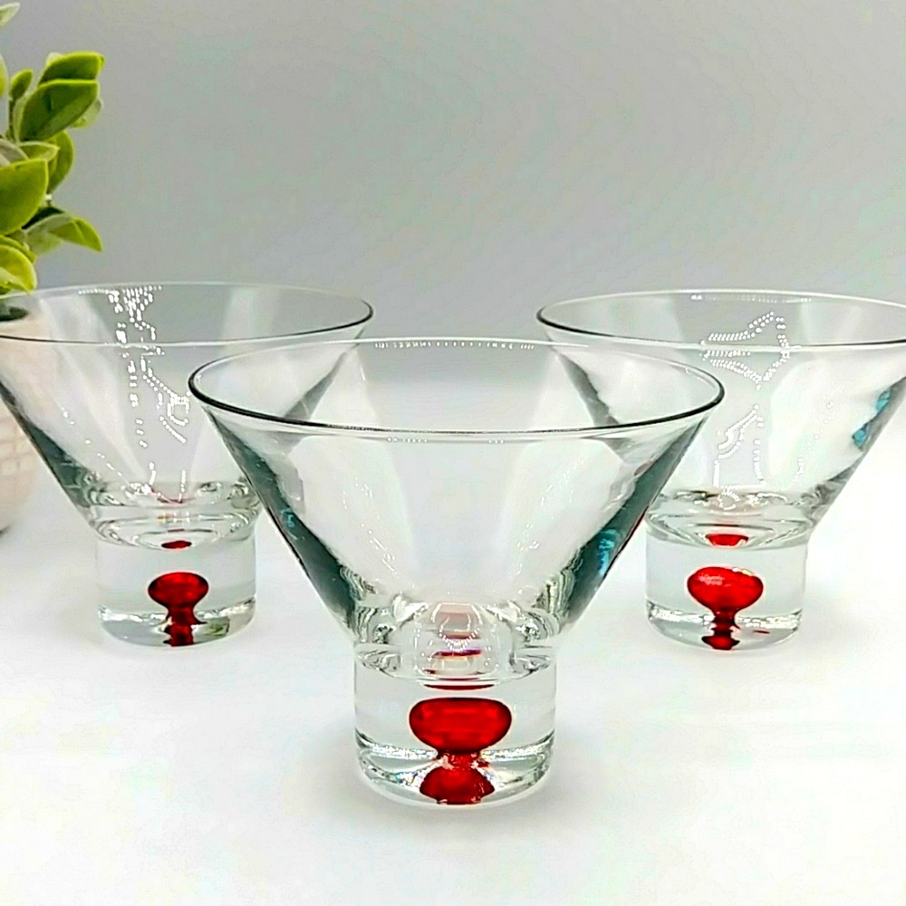 3 Red Bubble Base Martini Glasses Vintage Style.